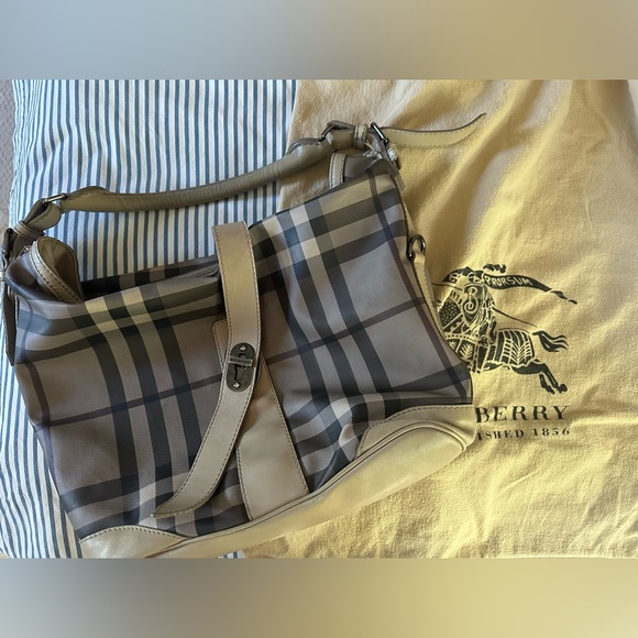 Burberry Tan and Gray Messenger Bag with Iconic Check Pattern - Picture 1 of 9